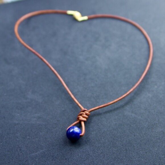 Blue Lapis Lazuli Gemstone on Quality Hand Knotted Soft Brown Leather Necklace - Picture 3 of 7